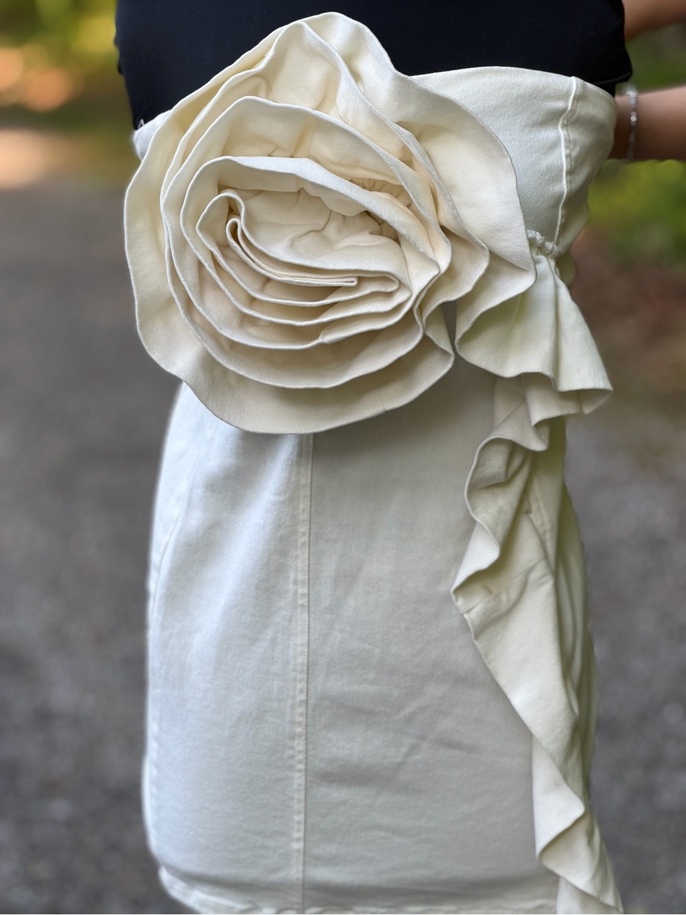 Ivory Denim Strapless Dress with Oversized Rose